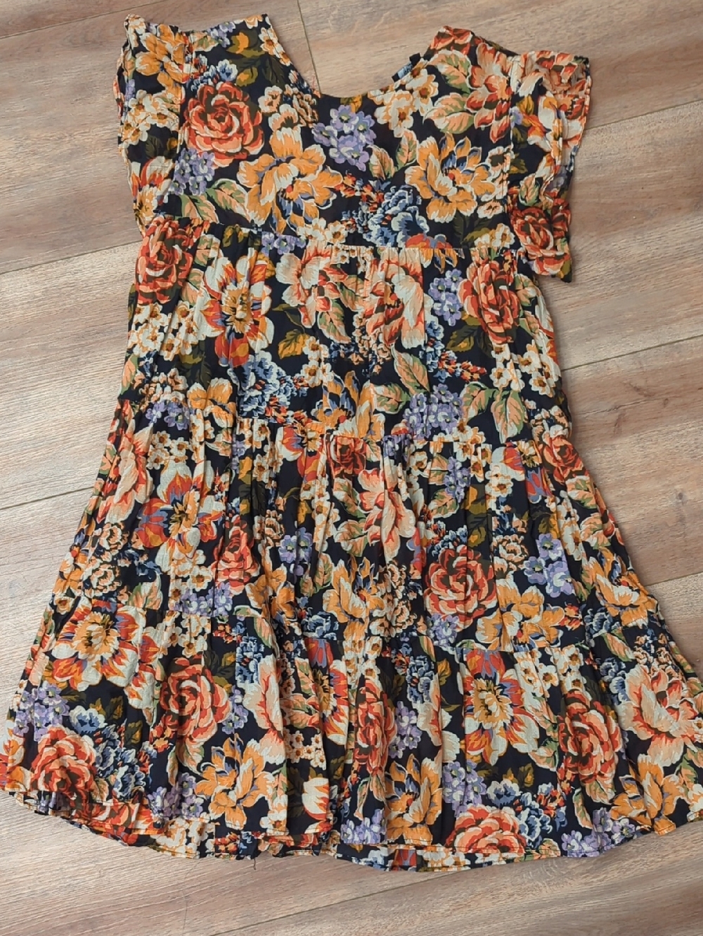 Olivaceous Floral Tiered Dress in Black with Orange & Purple Flowers, Small